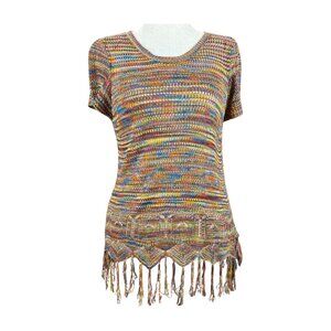 VERSONA MULTI-COLORED MESH KNIT TOP WITH FRINGE EMBELLISHMENT, SIZE M